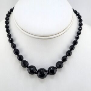 Vintage Faceted Black Glass‎ Bead Necklace West Germany Graduated Beads